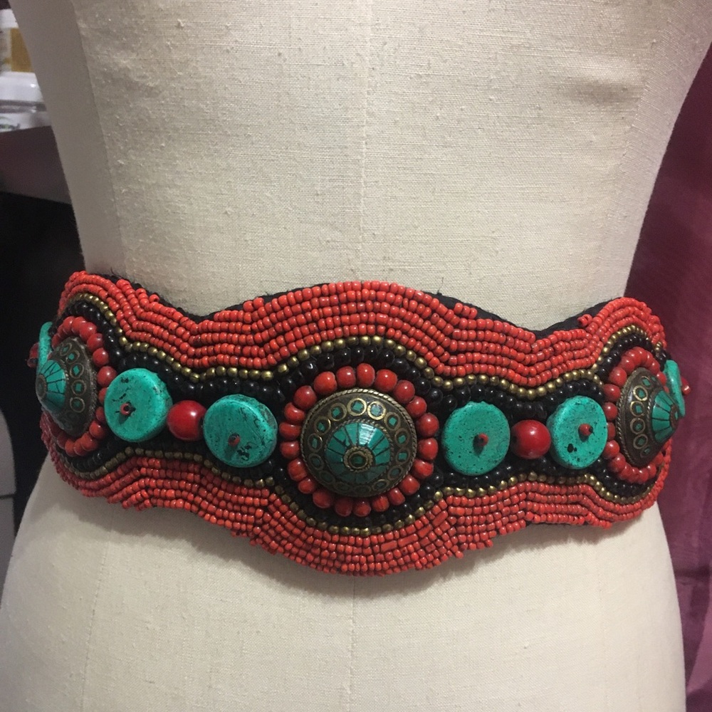 Turquoise and coral handmade belt.  No brand.  Artisan made.  Gorgeous! - Picture 5 of 7